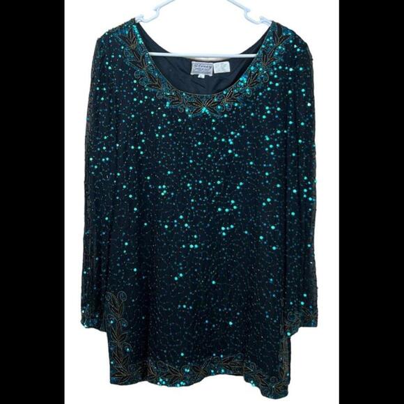 Stenay 80's Filigree Beaded Sequin Cocktail Blouse Silk Retro Black‎ Size Large - Picture 1 of 6